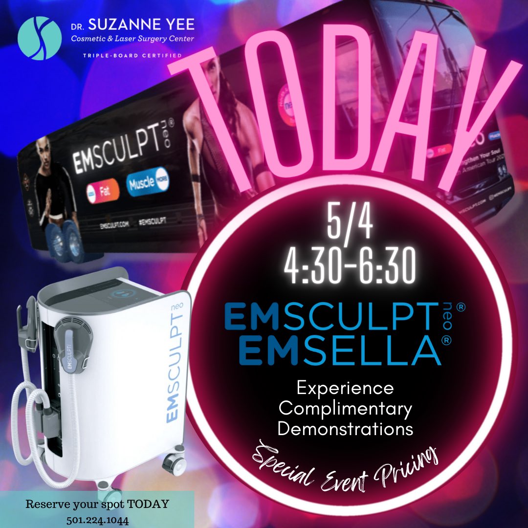 ✨ TODAY ✨ The #emsculptbustour is stopping by our office on 5/4 from 4:30-6:30!  Stop by and try out the #EmsculptNeo & #Emsella and talk to our Emsculpt specialist!
#dryee #dryeeme #littlerock #arkansas #buildmuscle #burnfat #btl #btlaesthetics