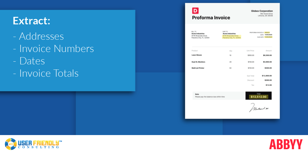 UFCInc's tweet photo. Got addresses, invoice numbers, dates, and invoice totals? No problem! @ABBYY_Software #FlexiCapture will be able to extract these bits of information for you (even on a large number of documents). https://t.co/rtXFr3gEMB https://t.co/L1ZrqwwAMa