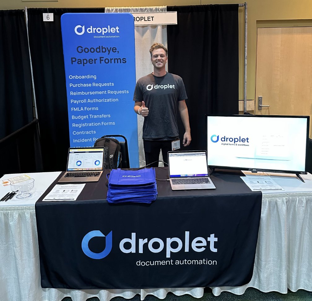 DropletInc's tweet photo. #WASBO attendees visit us at booth 6 and see our digital forms and workflow automation platform in action!  #digitalforms #workflowautomation https://t.co/RpVQ9KYw7V