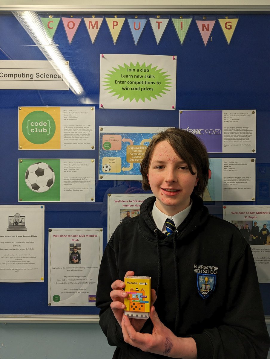 BlairgowrieComp's tweet photo. Prize time for some of our @BlairgowrieComp students. Our top awards went to Harris Brown (S1) and Orlaith Napier (S2) who have both been fantastic #bhslearners. Both students take home a @KittenBot1 #Meowbit. Well done! #aspire #coding #computingscience @BlairgowrieHS https://t.co/LNACg42csr