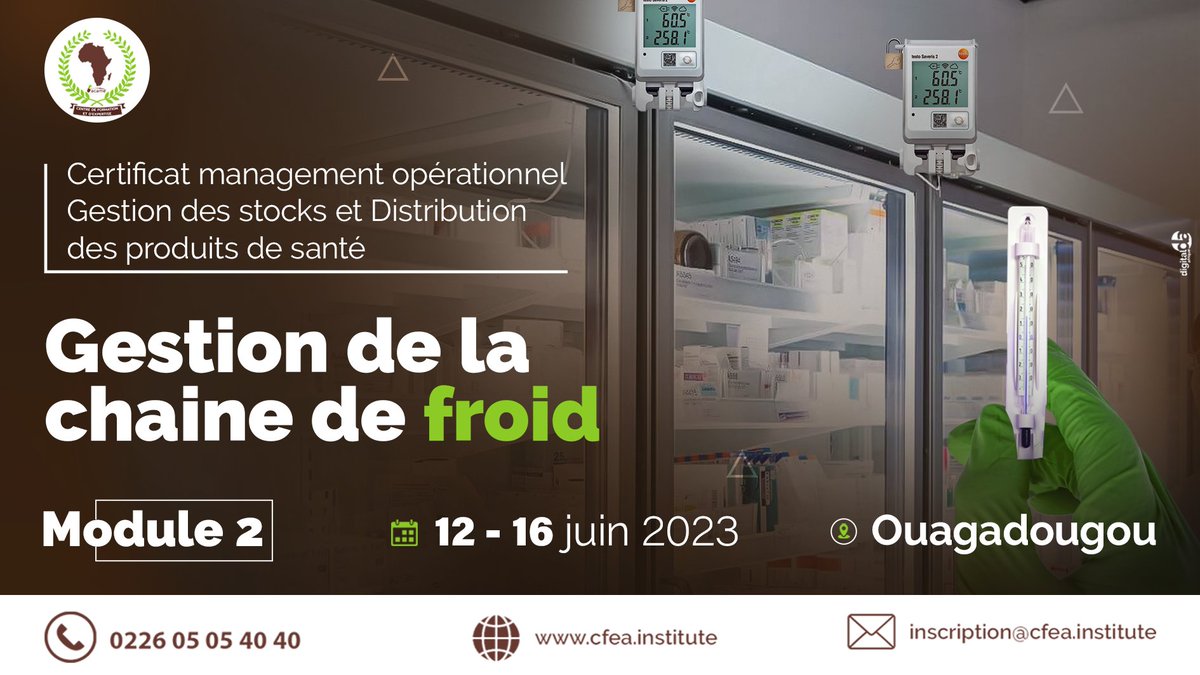 cfeainstitute's tweet photo. Lancement des inscriptions du Module 2 : Gestion de la chaine de froid, du Certificat management opérationnel, Gestion des stocks et Distribution des produits de santé
📅 Date : du 12 au 16 juin 2023
📍 Lieu : Ouagadougou (Burkina-Faso)
🎯https://t.co/4mMaCVqNQa
#CFEA #ACAME https://t.co/0XTknx5rna