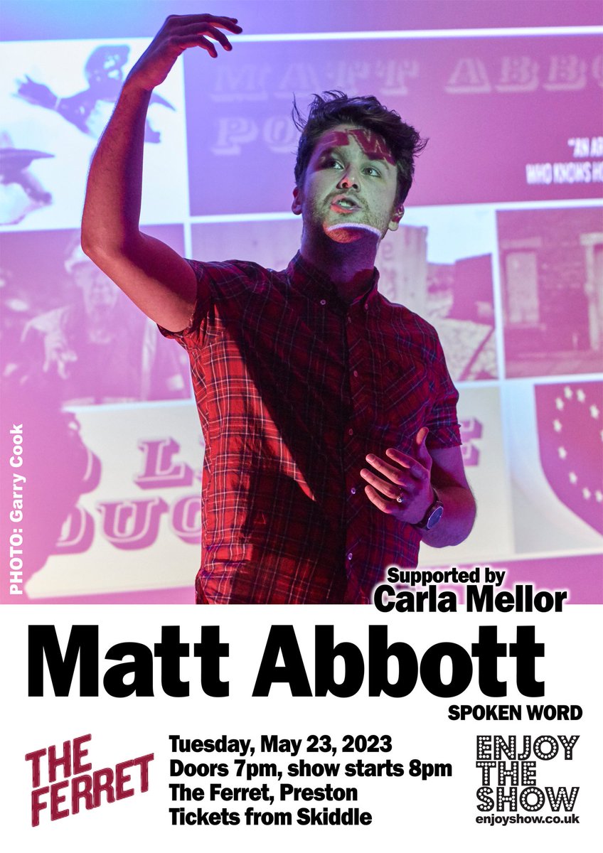 not long now till i do a rare feature set over in preston! support from <a href="/poetryfortppl/">Carla Mellor</a>. tickets on sale now ✌🏻

skiddle.com/whats-on/Prest…