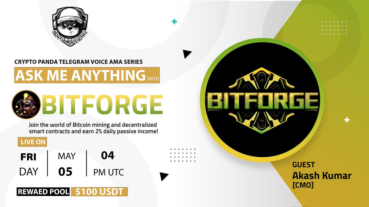 CryptoPanda_gl's tweet photo. 🎙️Join us for the Telegram Voice  #AMA with @bitforgeoffice

🕰️ 5th May - 4 PM UTC
🎙️Guest: Akash Kumar [CMO]
🎁 Reward: 100 BUSD

Venu: https://t.co/LLzL3GW5yL 

🔺Rules:
♂️Follow Twitter :- 
 @bitforgeoffice &amp; @Panda_Airdrop24

♂️ Like &amp; Retweet
♂️ Comment your Questions https://t.co/iumnhKJJrf