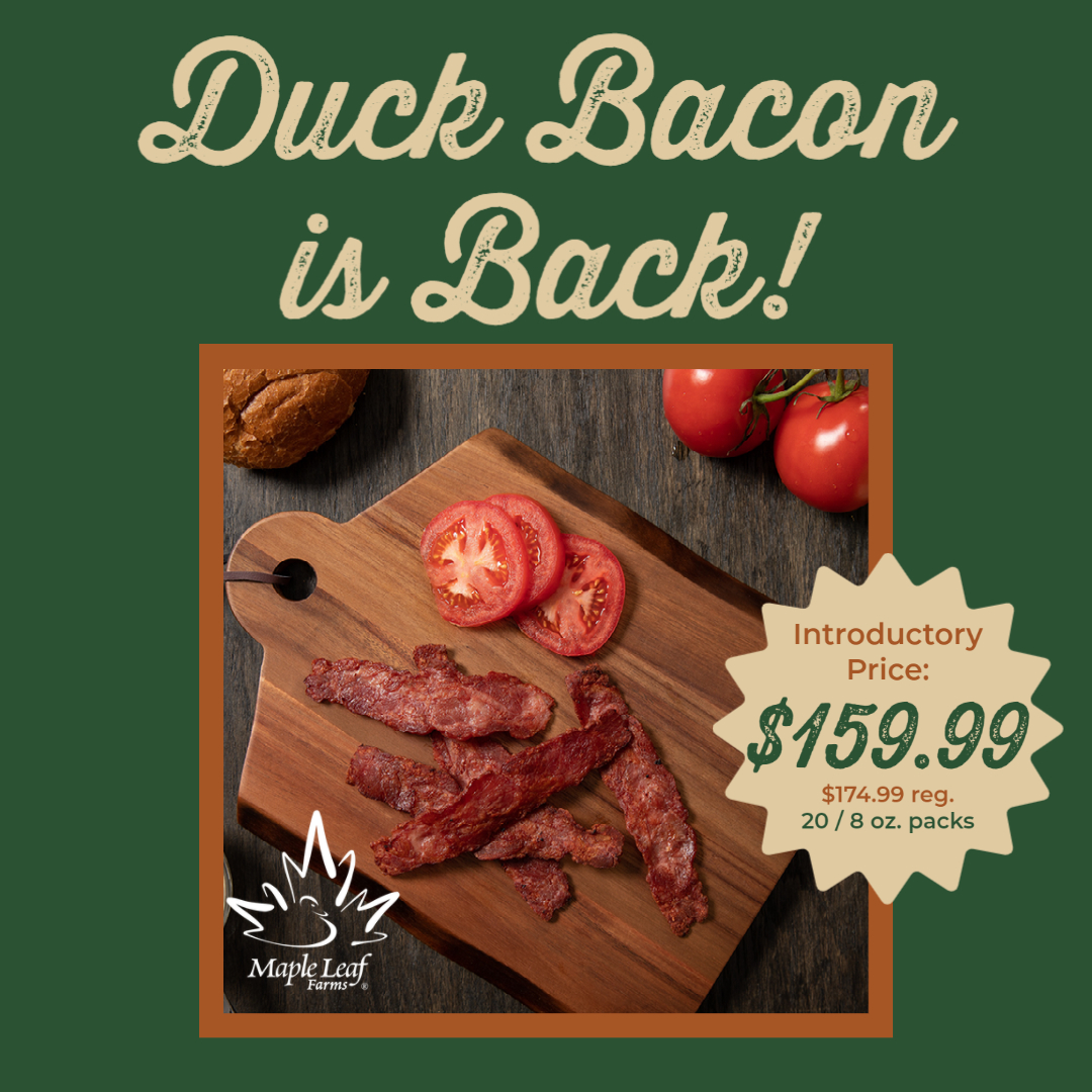 🚨DUCK BACON IS BACK AND ON SALE 🚨 Buy a 10 lb. case of Duck Bacon on our online shop for $15 off now until May 11th. Shop here👇 bit.ly/42kH1nu