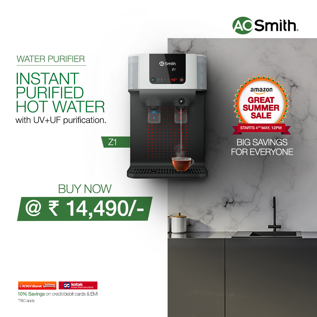 Stay hydrated this summer with the A. O. Smith Z1 at Amazon's Great Indian Summer Sale! Avail this smart water purifier with instant UV+UF purified hot water at only ₹14,490/-
That's not all, buy it with no-cost EMI!    

Link: amzn.to/3LX74Me

#AOSmith  #Z1WaterPurifier