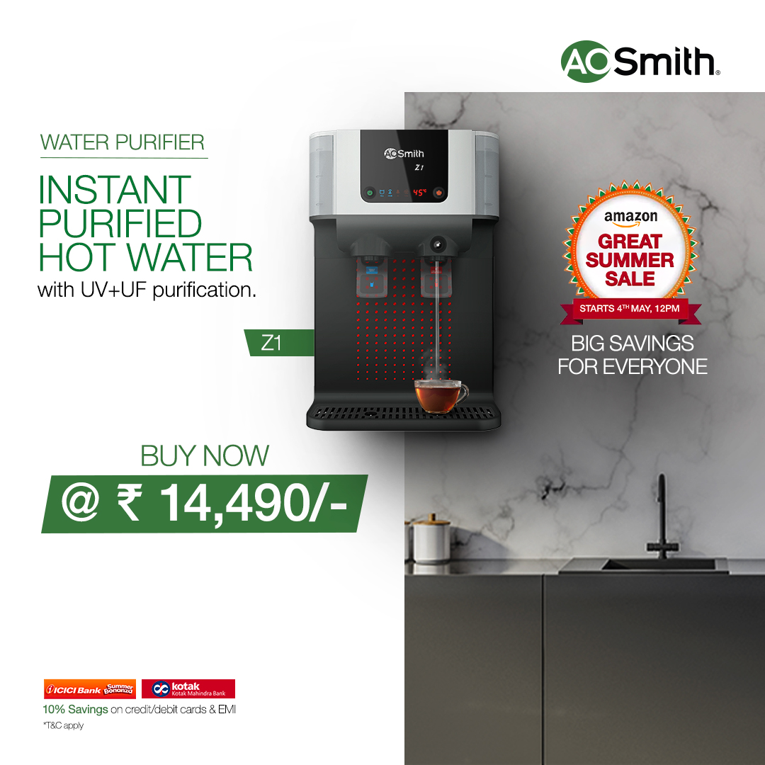 Stay hydrated this summer with the A. O. Smith Z1 at Amazon's Great Indian Summer Sale! Avail this smart water purifier with instant UV+UF purified hot water at only ₹14,490/- That's not all, buy it with no-cost EMI! Link: amzn.to/3LX74Me #AOSmith #Z1WaterPurifier