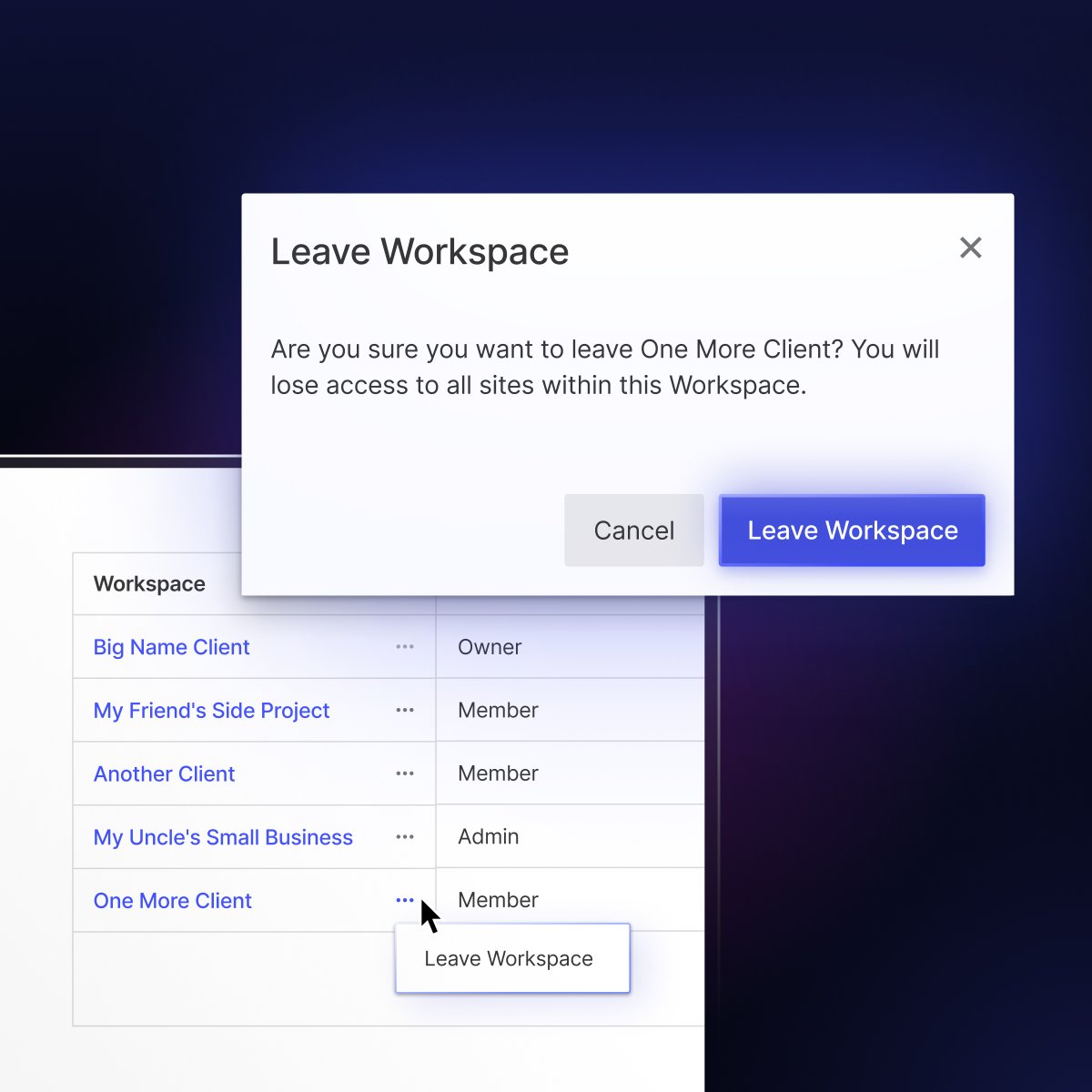 webflow's tweet image. Thanks to some recent feedback from customers, it’s now possible for you to remove *yourself* from a Workspace (even if you’re a guest).

No more waiting around for an admin to help.

Learn more about this update here:
wfl.io/rywtw