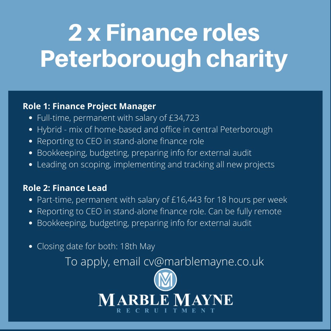 New roles! We are seeking experienced finance professionals for a small charity in Peterborough.
 
 cv@marblemayne.co.uk
 
 #marblemayne #charityjobs #charityfinance #peterboroughjobs