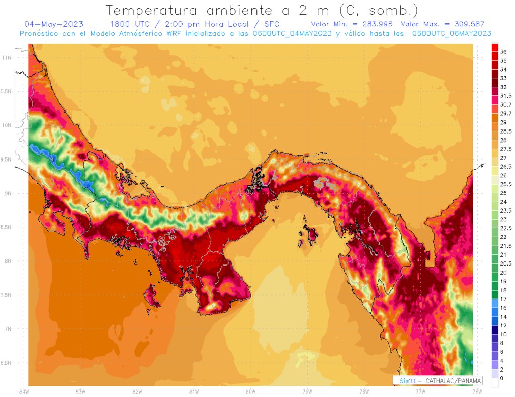 servir_cathalac's tweet photo. Pronóstico de temperatura ambiente al medio día en Panamá. Las tonalidades en rojo indican las temperaturas más altas entre 30.7° y 37.0°C. Las temperaturas más frescas se representan en colores verdes, amarillos - https://t.co/72T1xfdoDD https://t.co/aS6nF6pcy7
