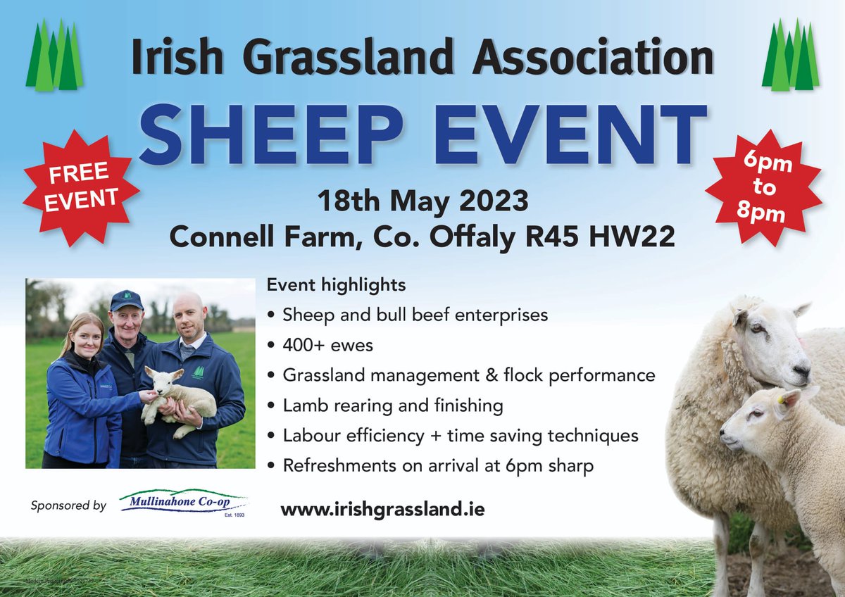 Come join us on the Connell Sheep Farm in a few weeks. There are lots of highlights on this outstanding sheep enterprise. Come early and enjoy a burger on arrival at 6pm.

#igasheep kindly supported by <a href="/MullinahoneCoop/">Mullinahone Co-op</a> please RT