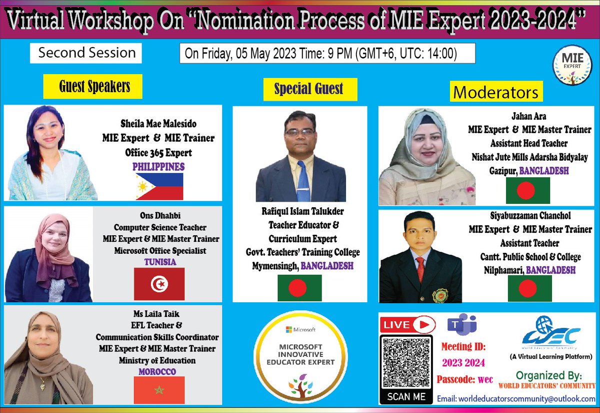 🚀 Virtual PD on ""Nomination Process of MIE Expert  2023-2024""

📅Date: 5 May 2023
 🕘Time: 9 PM (GMT+6)

 ▶️ 🟢Meeting link : 
bit.ly/3NzFPbG

 🟨Meeting ID: 2️⃣0️⃣2️⃣3️⃣2️⃣0️⃣2️⃣4️⃣
 🔑PassCode : wec

 🌏Organised by: WEC <a href="/MicrosoftEDU/">Microsoft Education</a> <a href="/OnsDhahbi/">Ons Dhahbi #ACEN</a> <a href="/LailaTaik/">👩🏻‍💻Laila Taik 👩🏻‍🏫📚🗣️🎙️💻📲🚀🇲🇦</a> <a href="/malesido_mae/">sheila mae malesido</a>