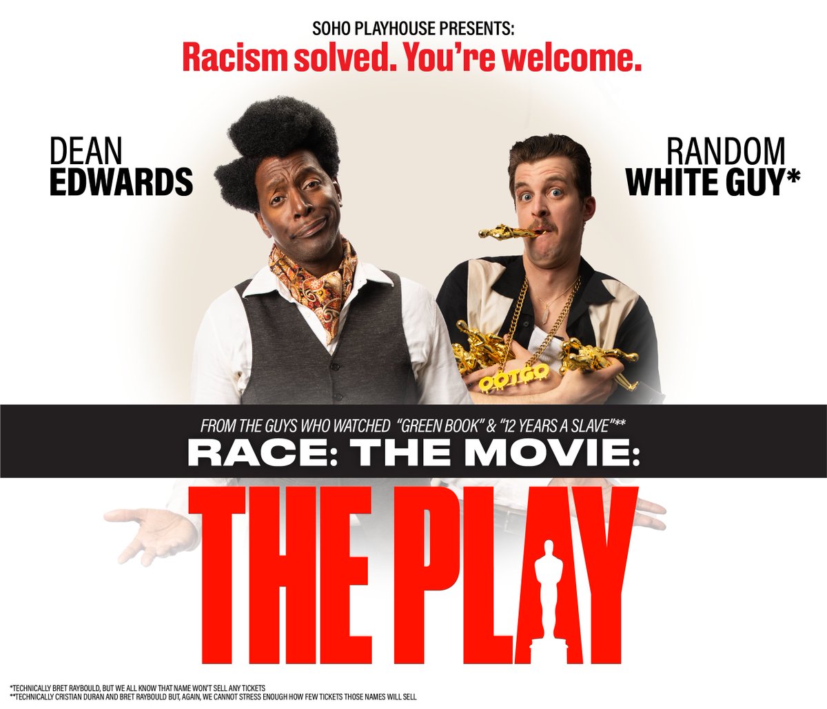 RACE The Movie The Play : a biting, slapstick spoof of several popular Oscar-bait films starring <a href="/BretRaybould/">Bret Raybould</a>  &amp; #DeanEdwards playing at <a href="/sohoplayhouse/">SoHo Playhouse</a>  NY     bit.ly/3nt3kIK