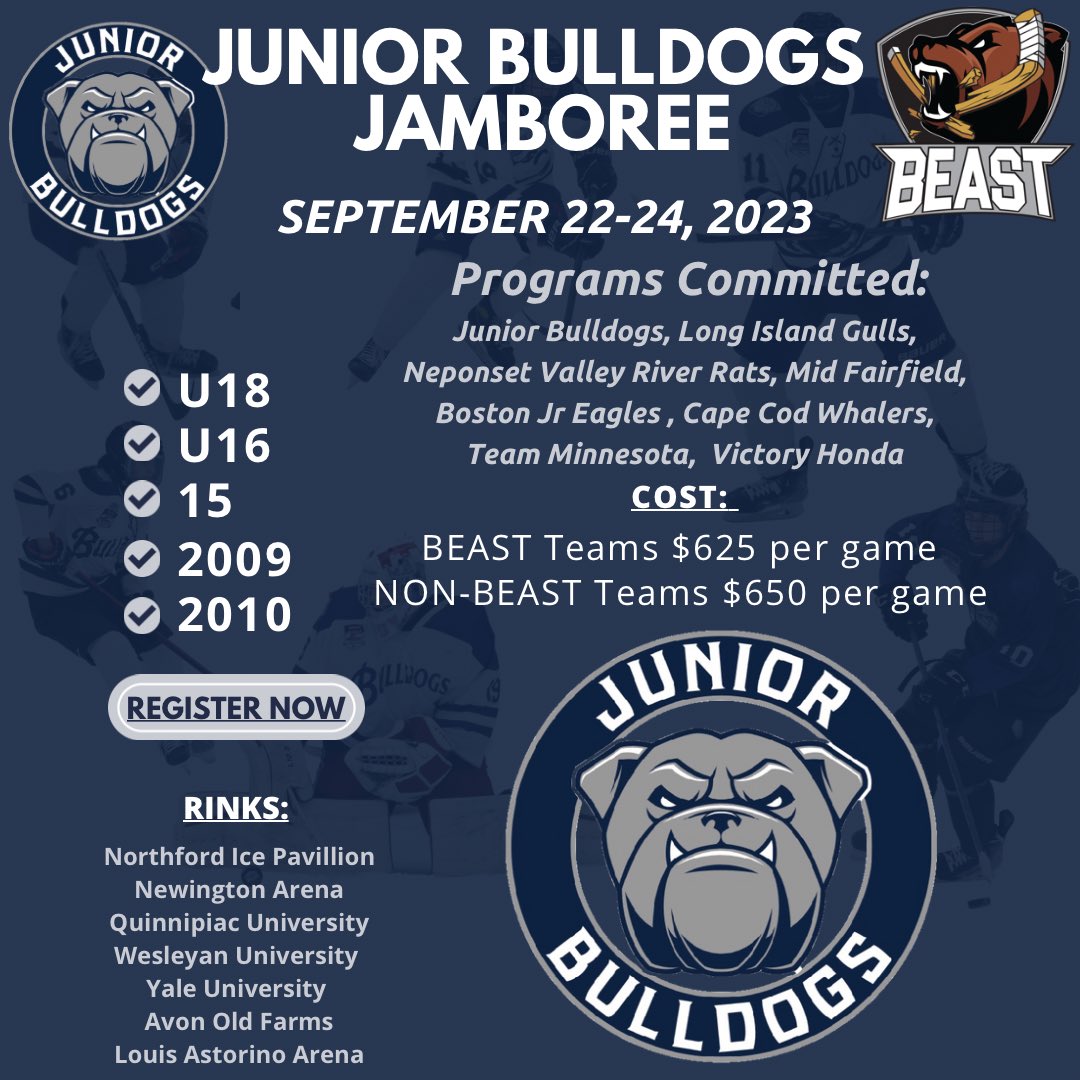 JrBulldogHockey's tweet photo. Registration is now open for the 2023 Bulldogs Jamboree.  Come join some of the top teams in the country. https://t.co/9wZRVRWaO2 #BowWow https://t.co/6SiIpTFbBm