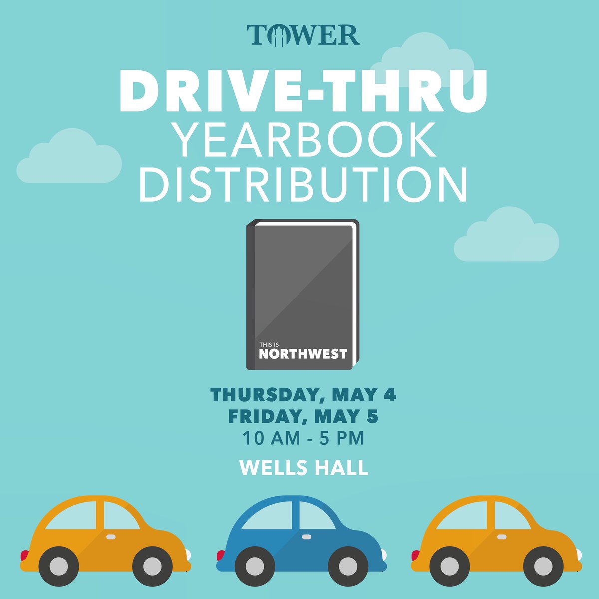 Still need to pick up your yearbook? We got you covered. Utilize our drive-thru, today and tomorrow only in front of Wells Hall from 10 AM - 5 PM to pick up your yearbook before you leave campus! 
You don't even have to get out of your car!
#thisisnorthwest #oabaab