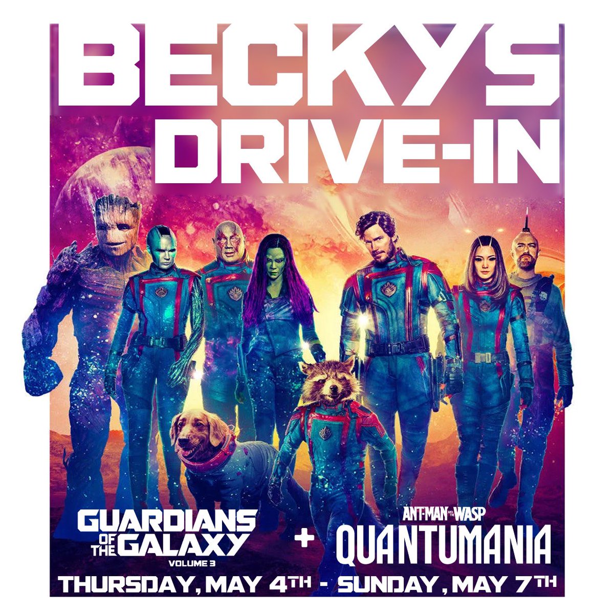 Starts tonight! Showing Thursday, Friday, Saturday & Sunday; May 4th, 5th, 6th & 7th: Screen 1: 8:20 PM “Guardians of the Galaxy vol. 3” 11:00 PM “Ant-Man & the Wasp: Quantumania” Screen 2: 8:25 PM “The Super Mario Bros Movie” 10:20 PM “Dungeons & Dragons: Honor Among Thieves”