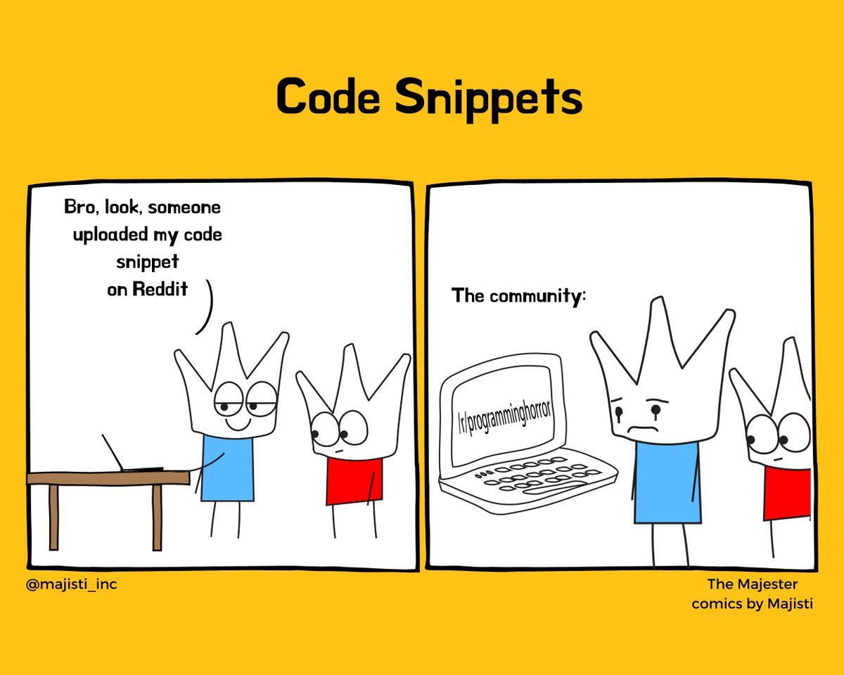 the_majester's tweet photo. Dev's most depressing Reddit community:
r/programminghorror 😂
#techjoke #comics #meme #cartoon #comicstrip #developers #programminghorror #programminghumor #programmingjoke #techjoke #techhumor #humor #programmers https://t.co/1ePYDPAekQ