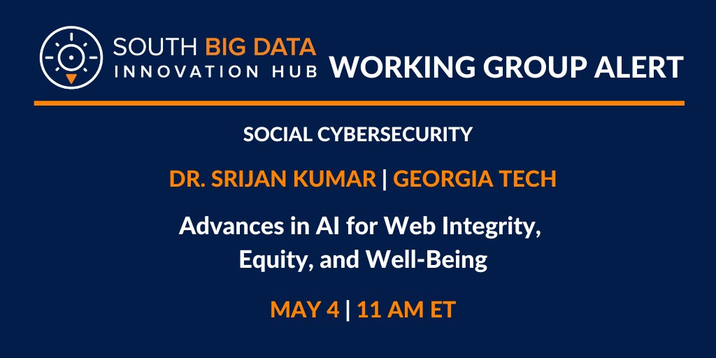 SouthBigDataHub's tweet photo. .@GTCSE's @srijankedia will present “Advances in #AI for #WebIntegrity, #Equity, and Well-Being” at 11 a.m. ET, at the @SOCCYBSEC #SpeakerSeries. #artificialintelligence @GeorgiaTech #SBDH @GossRenata #socialmedia #socialcybersecurity #cybersecurity
https://t.co/gUNMYp1HM1 https://t.co/N7Ll8I4Icd