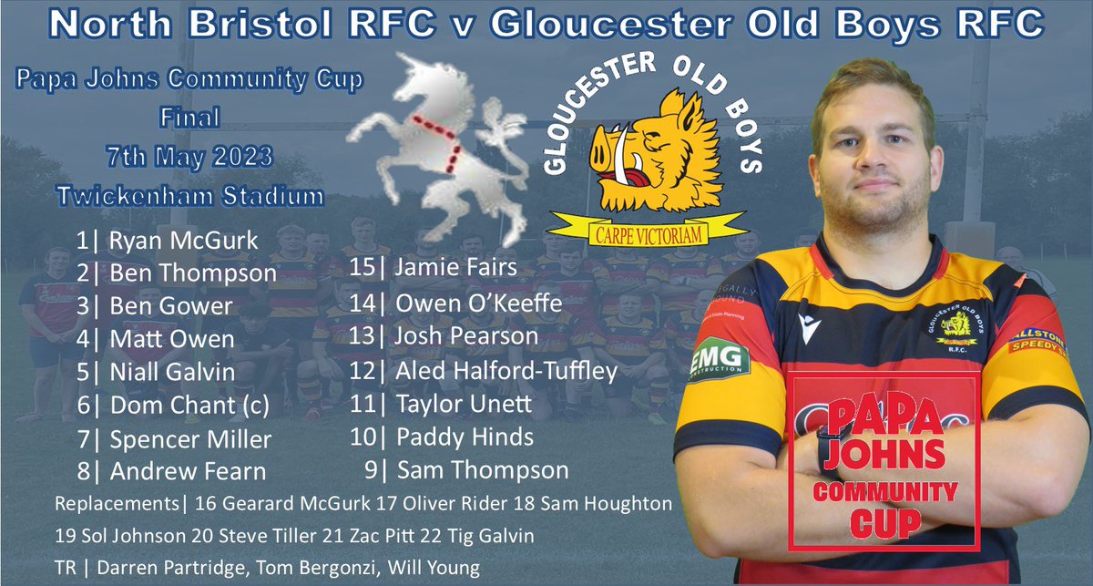GlosOldBoys's tweet photo. ‘Biggest game of our careers’

Here is the team selected to run out at Twickenham on Sunday against @NBRFC 

Onto the final! #glosoldboys #uptheboars #papajohnscommunitycup #cupfinal @RFU https://t.co/FerI5GAoQT