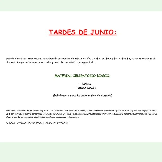 Estimadas familias:

Abrimos plazo de inscripción para TARDES DE JUNIO (plazo máximo inscripción 24 de mayo), os recordamos que las actividades extraescolares finalizan el 31 de mayo.

- Hasta las 16h (25€)
- Hasta las 17h (45€)

Enlace de inscripción: forms.gle/E7EAeivxmNki2o…