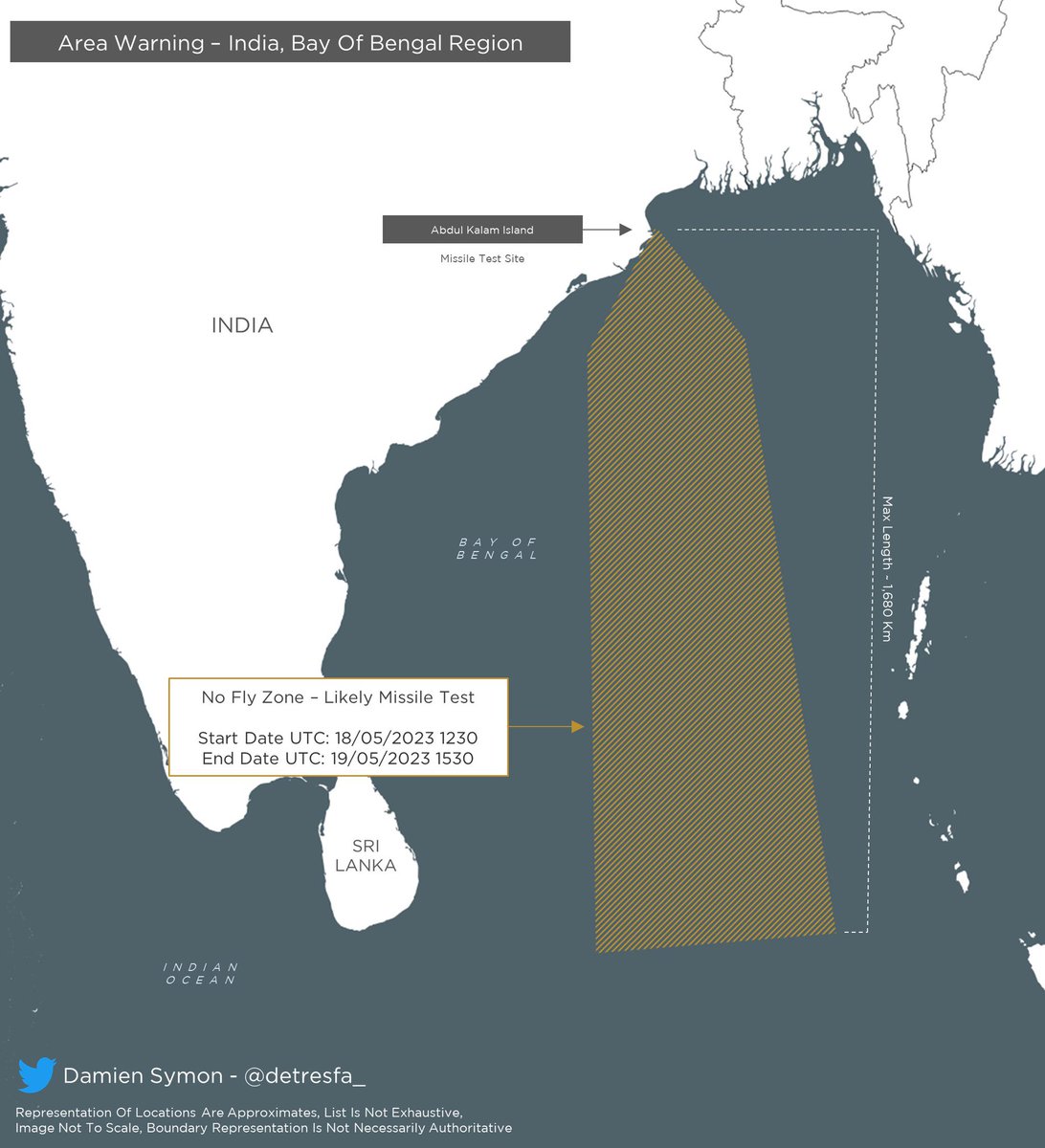 On 18-19 May 2023 India announces #AreaWarning for a no fly zone over the #BayOfBengal just few miles away from Sri Lankan EEZ, indicative of a likely missile test via @detresfa_