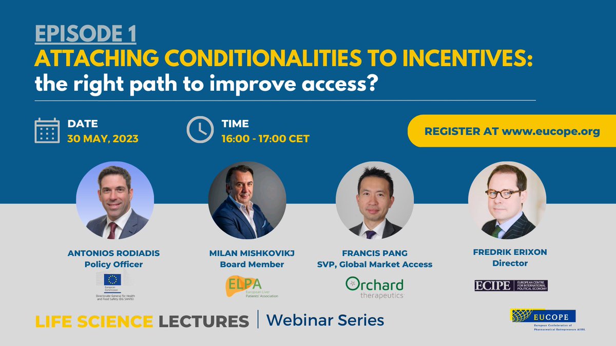 EUCOPE's tweet photo. EUCOPE's #LifeScienceLectures - Episode One
📅 30 May (16:00 - 17:00 CET)
💻Attaching conditionalities to incentives: the right path to improve access?

Register➡️ https://t.co/pvlKvECbjN

👋Featuring panelists from @EU_Health @EuropeLiver @orchard_tx @ECIPE 

#EUPharmaStrategy https://t.co/ZSnunT9J1e