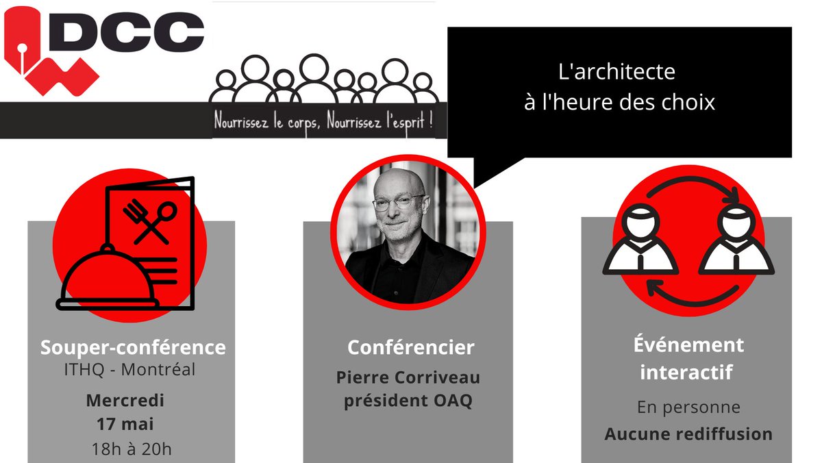 csc_dcc_mtl's tweet photo. Notre dernier évènement de la saison, une conférence interactive avec Pierre Corriveau, président de l'Ordre des architectes du Québec et présentée uniquement en personne à l'ITHQ. Aucune rediffusion. Inscription: https://t.co/sZSmwbQWUi. https://t.co/dDPT299iwE