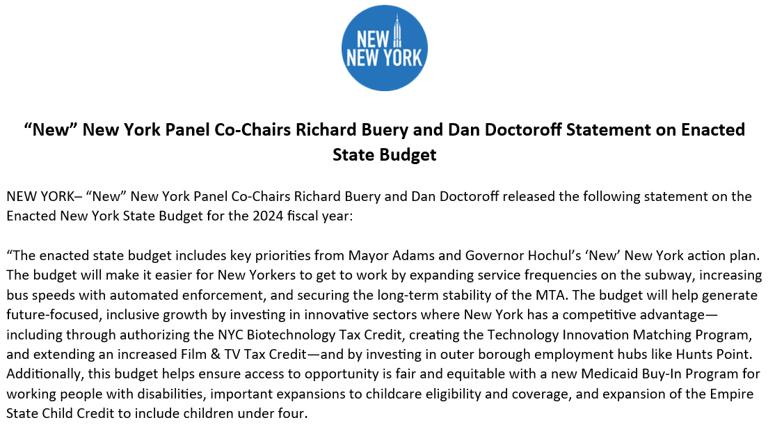 NNYPlan's tweet photo. Read the full statement from Co-Chairs @DanDoctoroff &amp; @RichardBuery on the New York State Budget for the 2024 fiscal year. https://t.co/KhcyfwVmxD