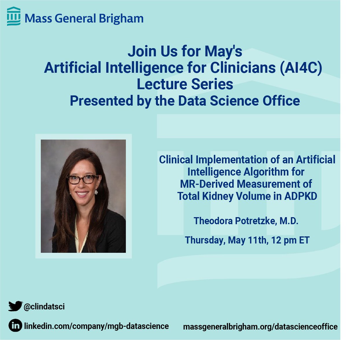 📣 Join us next Thursday, May 11th at 12 pm ET, for our monthly Virtual Lecture Series, Artificial Intelligence for Clinicians (AI4C), featuring Theodora Potretzke, MD!

Register in advance for this webinar:
lnkd.in/eAWBrHDY

#ArtificialIntelligence #MachineLearning