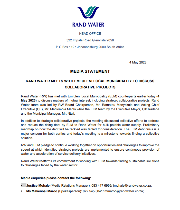 Rand_Water's tweet photo. 🚨MEDIA STATEMENT🚨
Rand Water has met with Emfuleni Local Municipality  (@EmfuleniLM ) counterparts earlier today (4  May 2023) to discuss matters of mutual interest, including strategic collaborative projects.

#RandWater #FindingNewWays [NS] https://t.co/sKWQRcMGxl