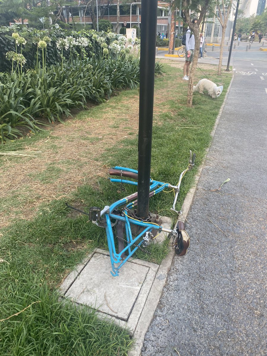 Claugom11's tweet photo. Desde el 23 de abril dejaron esta bici con cadena en este poste parque lineal FCCC y Prolongación Molier y hasta el día de hoy está ahí, ya desvalijada, ojalá las autoridades hagan algo para quitarla. @OlaMHmx @AlcaldiaMHmx @MHcesac @mauriciotabe https://t.co/18R1yvgCO1