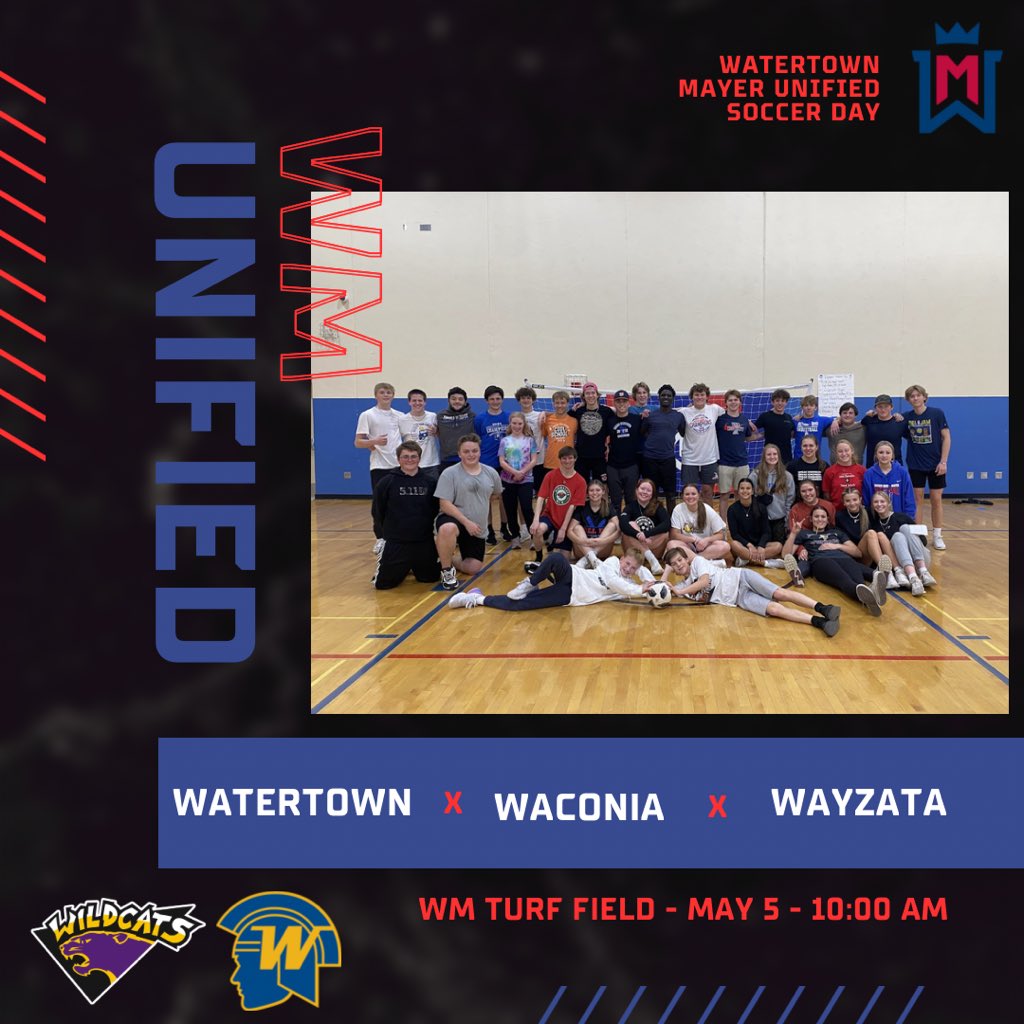 unified_wm's tweet photo. Tomorrow‼️⚽️

WM Unified is hosting the annual unified soccer day with the first game starting at 10:00 am. Come out and support the Royals, Wayzata, and Waconia as we band together to be ambassadors for inclusion. 

We’ll see you on the turf tomorrow 🎉 @SOMinnesota https://t.co/BHlLRM384U