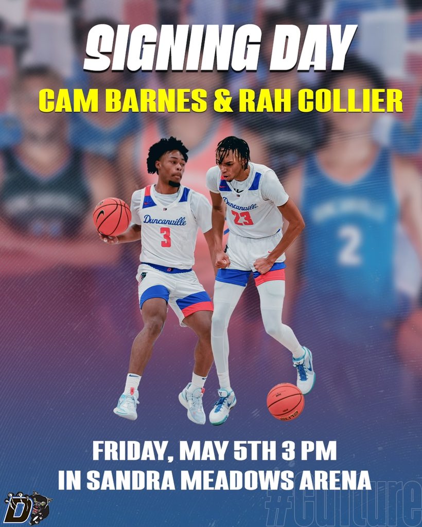 🚨 Signing Announcement🚨 

✍🏽
Duncanville Boys 🏀 Cameron Barnes and Rasaun Collier will celebrate their college signing FRIDAY, MAY 5th. 

Join us in Sandra Meadows Arena for a special ceremony beginning at 3:00 PM