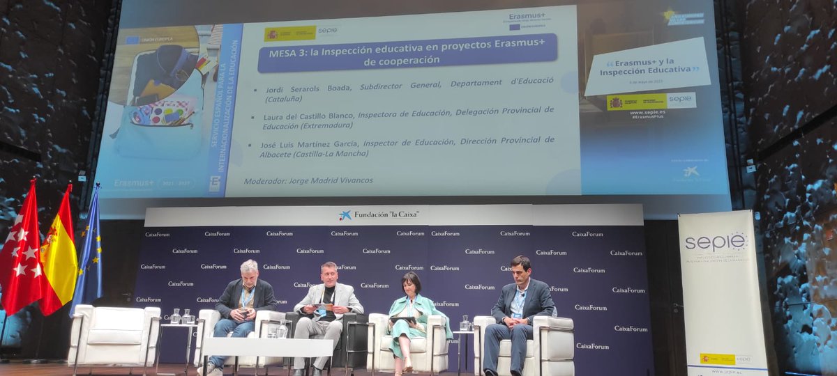 Última mesa de buenas practicas Jornada #ErasmusPlus #inspeccioneducativa <a href="/sepiegob/">SEPIE</a> Tema: proyectos KA2, colaboración Intervienen Laura del Castillo, Extremadura, José Luis Martínez, Castilla La Mancha y Jordi Serrarols, Cataluña