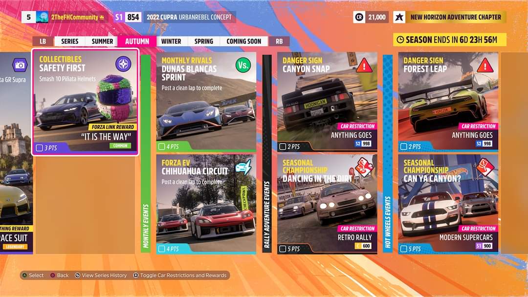 #Forzathon Events

Weekly Event (Effortlessly Powerful – ’15 Corvette Z06)
7 Daily Challenges

Seasonal Events

The Trial (Nimble Ninties – A Class 1990s)
EventLab – ‘Egypt Part 1 Cairo’ by @_JohCee_ (S2 Class)
EventLab – ‘Level Speedway (Oval)’ by @Ich_Ichens (S2 Class)