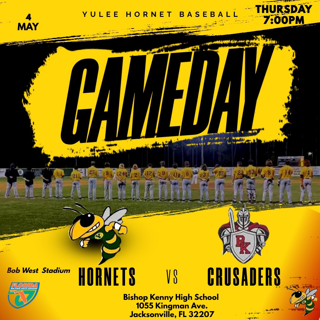 Yulee__Baseball's tweet photo. 🚨🐝⚾️GAME DAY!!!!! 🐝⚾️🚨District championship Thursday! Hornets (15-10) travel to JAX to take on Bishop Kenny Crusaders (14-10) for the 4A district 3 championship!!! First pitch is scheduled for 7:00pm! #YuleeBaseball #HornetBaseball #🐝⚾️ #StingEm #FHSAA #ChampionshipThursday https://t.co/jndLpcUQHK