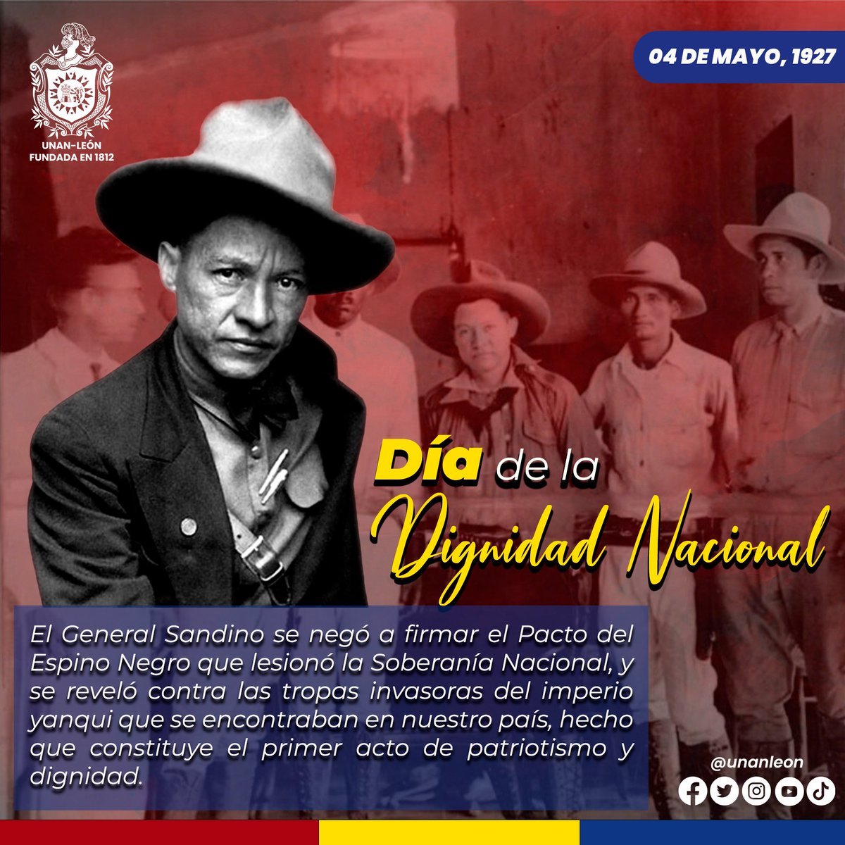 unanleon's tweet photo. 04 de mayo || Desde la Bicentenaria UNAN-León, celebramos el Día de la Dignidad Nacional y con orgullo defendemos nuestra soberanía y libertad.
#UNANLeón #Nicaragua #MayoVivaSandino https://t.co/oiMPR7A6X2