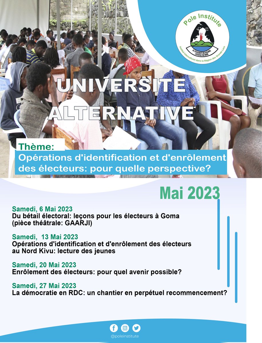 #UniversitéAlternative. Prenons déjà rendez-vous. Voici le programme du mois de Mai. <a href="/BROT_furdiewelt/">Brot für die Welt</a> <a href="/c_kayser/">Christiane Kayser</a> <a href="/KemperBarbara/">Barbara Kemper</a> <a href="/NeneMorisho/">Nene Morisho</a> <a href="/innocent_mpoze/">Innocent Mpoze</a> @Phidiasenge <a href="/GaarjOrg/">GAARJ_Org</a>
