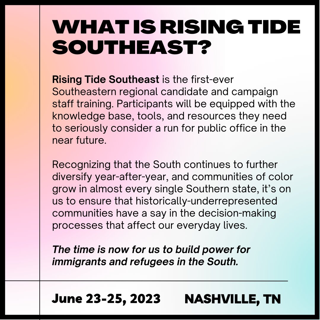 AsianAAF's tweet photo. Introducing the rest of our all-star trainer lineup for Rising Tide Southeast, an immigrant and refugee candidate and campaign staff training! Applications for Rising Tide Southeast close tomorrow! https://t.co/gzkBo2vioe to apply!  #RisingTideSoutheast #WeBuildPower https://t.co/zRp9emXJkf