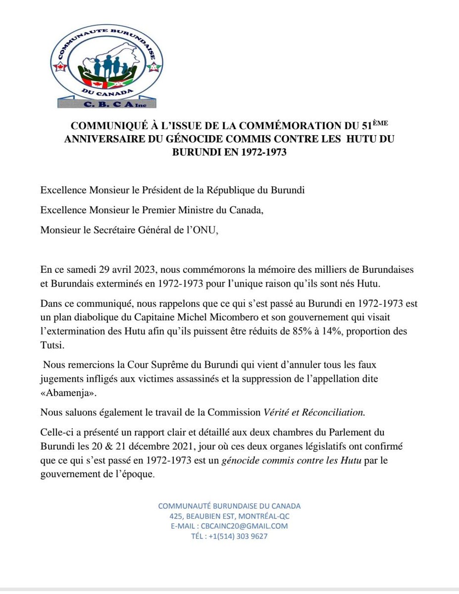 CbcaGo's tweet photo. La Communauté burundaise du Canada (CBCA Inc) commémore le 51e anniversaire du genocide perpétré contre la population hutue du Burundi en 1972-3. https://t.co/Gl7nWabzsK