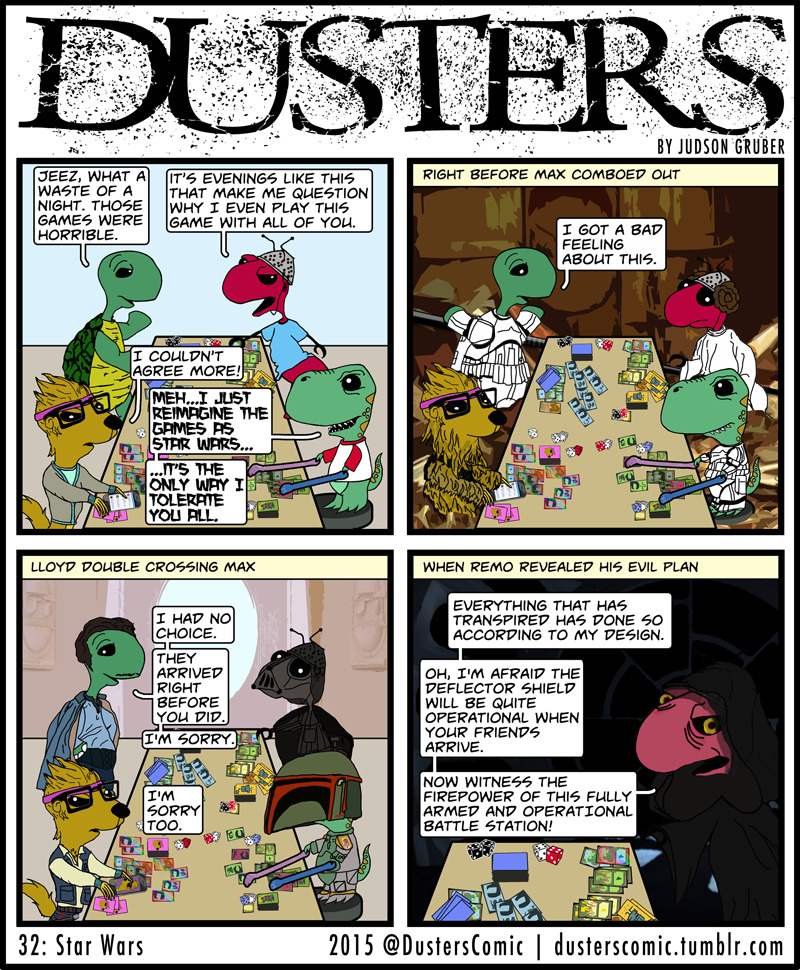 A long time ago in a galaxy far far away...

I used to make a #WildlySuccessful (not really) #cmdr #edh #webcomic called <a href="/DustersComic/">Dusters</a> that was hosted on <a href="/CommanderCast/">CommanderCast</a> (RIP).  I was always pretty happy with how this #StarWars #MayThe4thBeWithYou comic turned out.