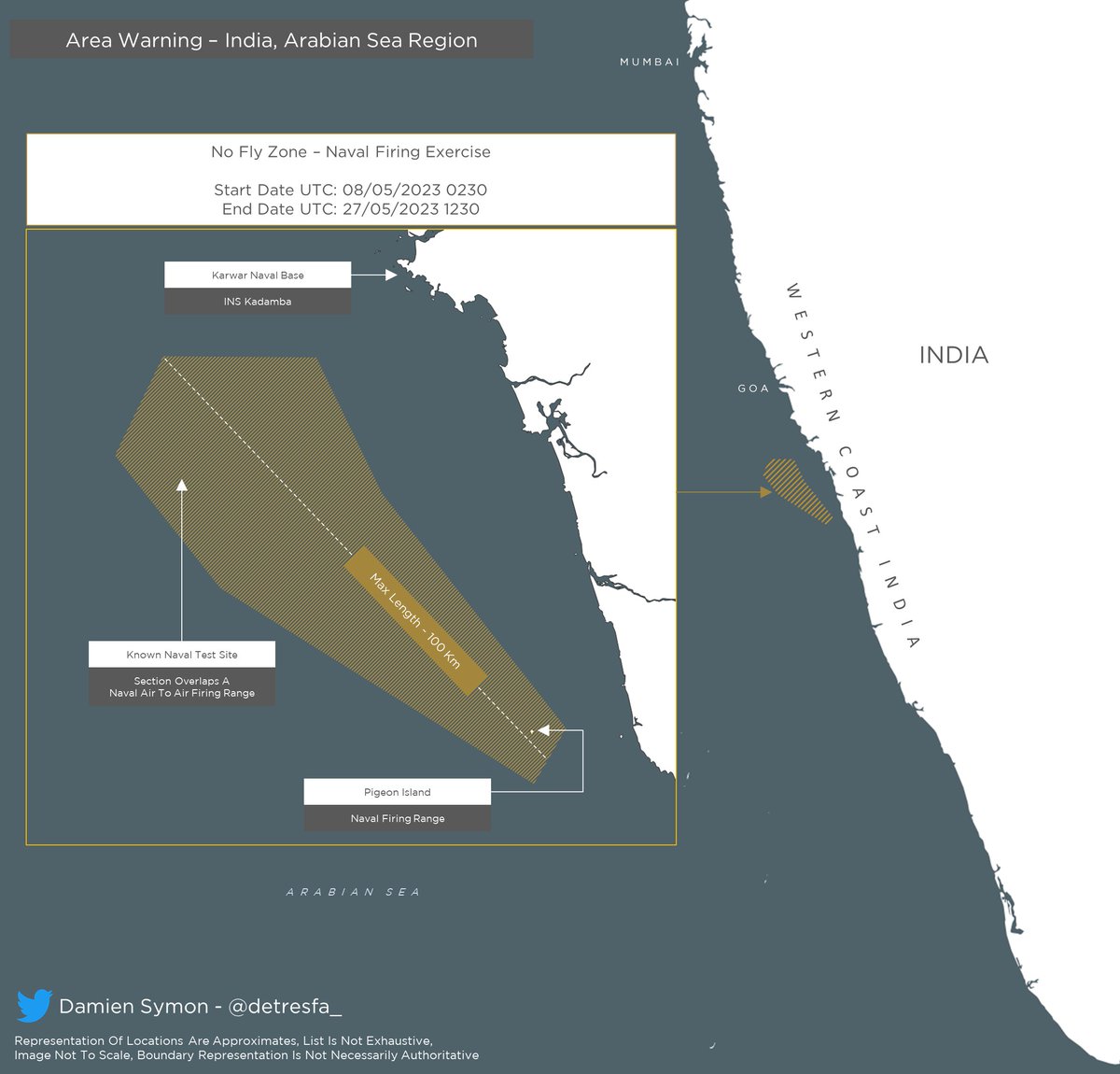 #AreaWarning #India issues a notification for a no fly zone over the Arabian Sea for a Naval Air Wing Firing Exercise

 Dates | 08-27 May 2023