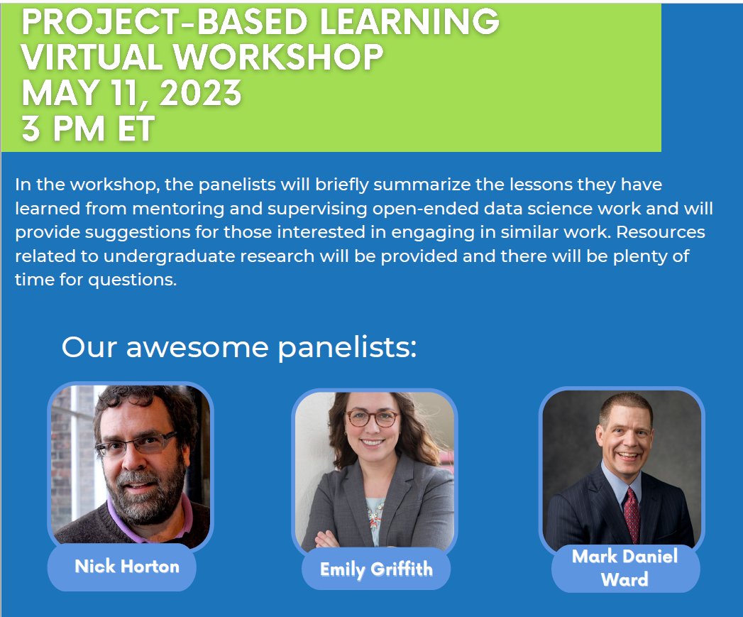 Practical Significance Podcast (@theasapodcast) on Twitter photo Exciting news! An awesome panel of colleaguesâ<a href="/askdrstats/">Nicholas Horton</a>, @EmilyHGriffith1, and Mark Daniel Wardâare holding a free virtual workshop on project-based learning in #statistics and #datascience May 11 at 3 p.m. ET. Register today!
bit.ly/41Hz8YY Exciting news! An awesome panel of colleaguesâ<a href="/askdrstats/">Nicholas Horton</a>, @EmilyHGriffith1, and Mark Daniel Wardâare holding a free virtual workshop on project-based learning in #statistics and #datascience May 11 at 3 p.m. ET. Register today!
bit.ly/41Hz8YY