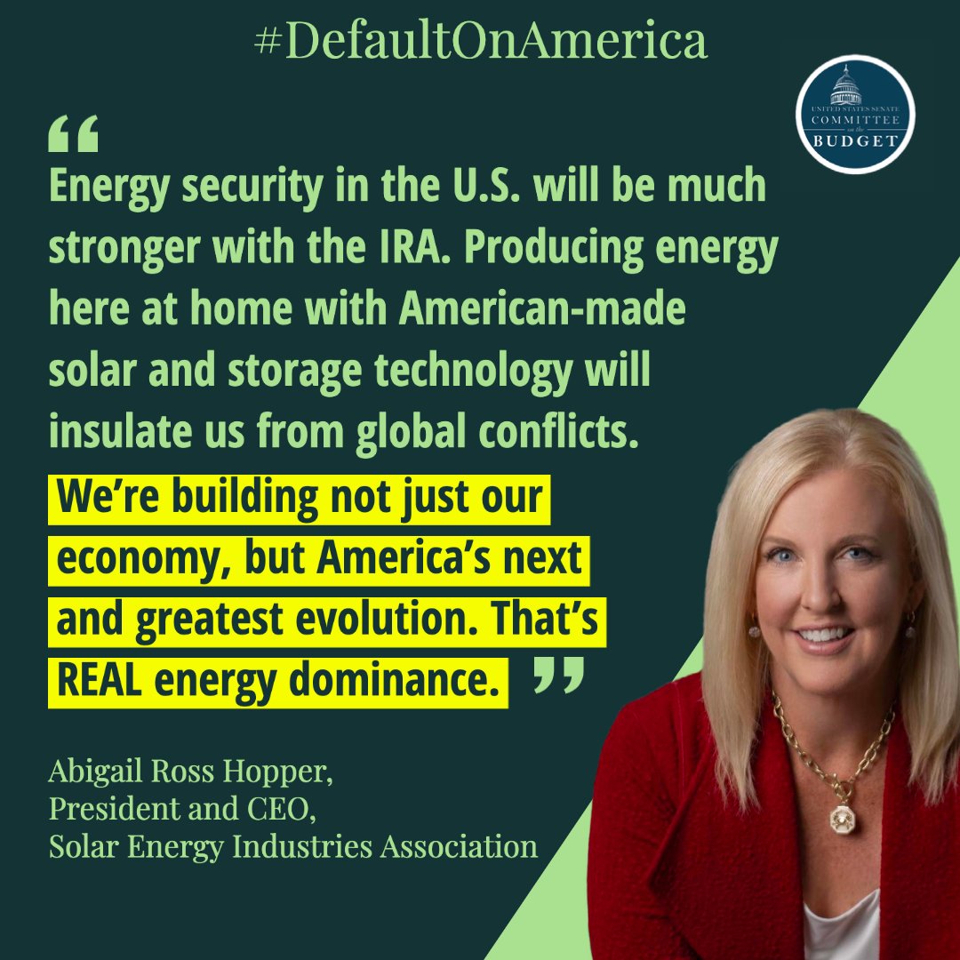 The IRA is bringing high-quality jobs to the United States and bolstering our energy security for the decades to come.

Watch as <a href="/HopperAbby/">Abby Hopper</a> breaks down the immense economic benefits that the IRA.

budget.senate.gov/hearings/the-d…
