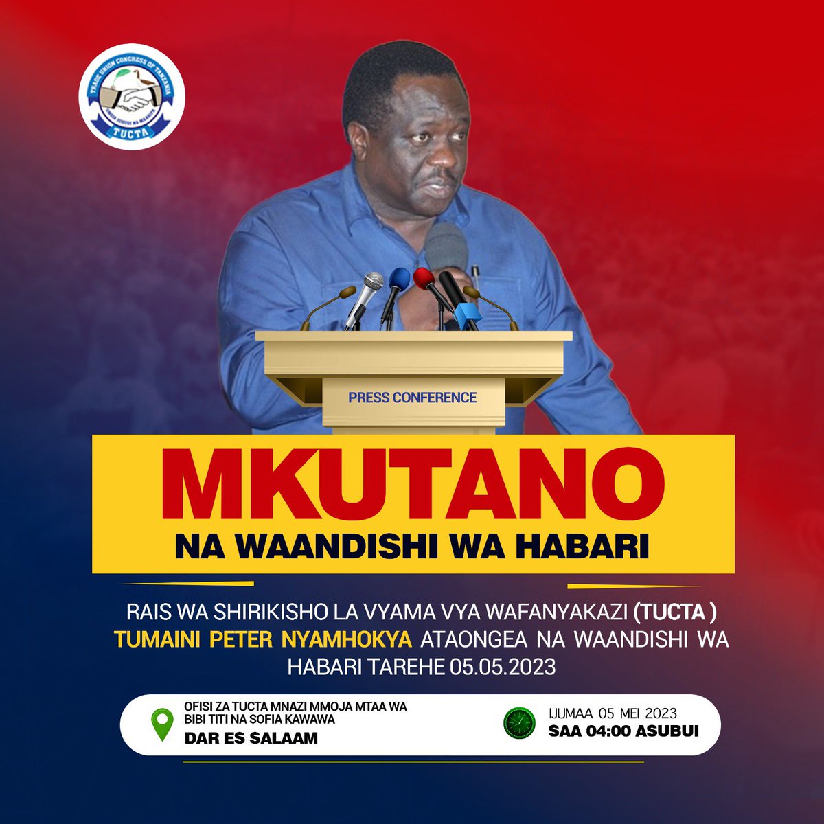 #Tucta watakuwa na mkutano na Waandishibwa Habari kesho asubuhi kwenye Ofisi zao. Waandishi mnakaribishwa.