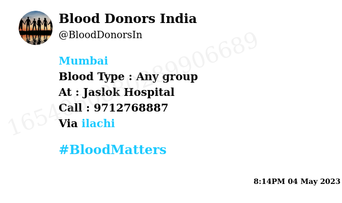 BloodDonorsIn's tweet photo. #SOS
#Mumbai
Need #Blood Type :  Any group
Blood Component : Platelets 
Number of Units : Five 
Primary Number : 9712768887
Secondary Number : 9712768887
Patient : Pravin Patel
Illness : Kidney on ECMO machine 
Via: @ilachi
#BloodMatters https://t.co/78MOhfPZup