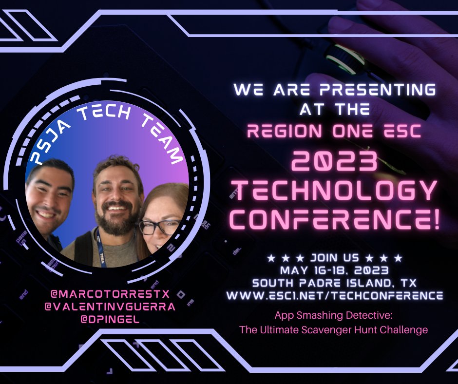 Attention tech enthusiasts! 📢 Join us for the ultimate scavenger hunt challenge at the upcoming Region One tech conference! 🚀 Our session, App Smashing Detective, will put your skills to the test as you solve clues and navigate through various apps. 🕵️‍♀️📱 @PSJAISD  #TechCon23