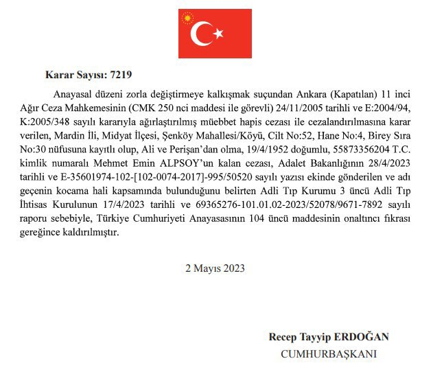 teyitorg's tweet photo. ✅ Hizbullah hükümlüsü Mehmet Emin Alpsoy'un Cumhurbaşkanı kararıyla serbest bırakıldığı doğru.

Anayasa’nın 104. maddesinin 16. fıkrasına göre Cumhurbaşkanının “sürekli hastalık, sakatlık ve kocama” sebebiyle kişilerin cezalarını kaldırma yetkisi mevcut. 👇 https://t.co/haGqTD2Sh3