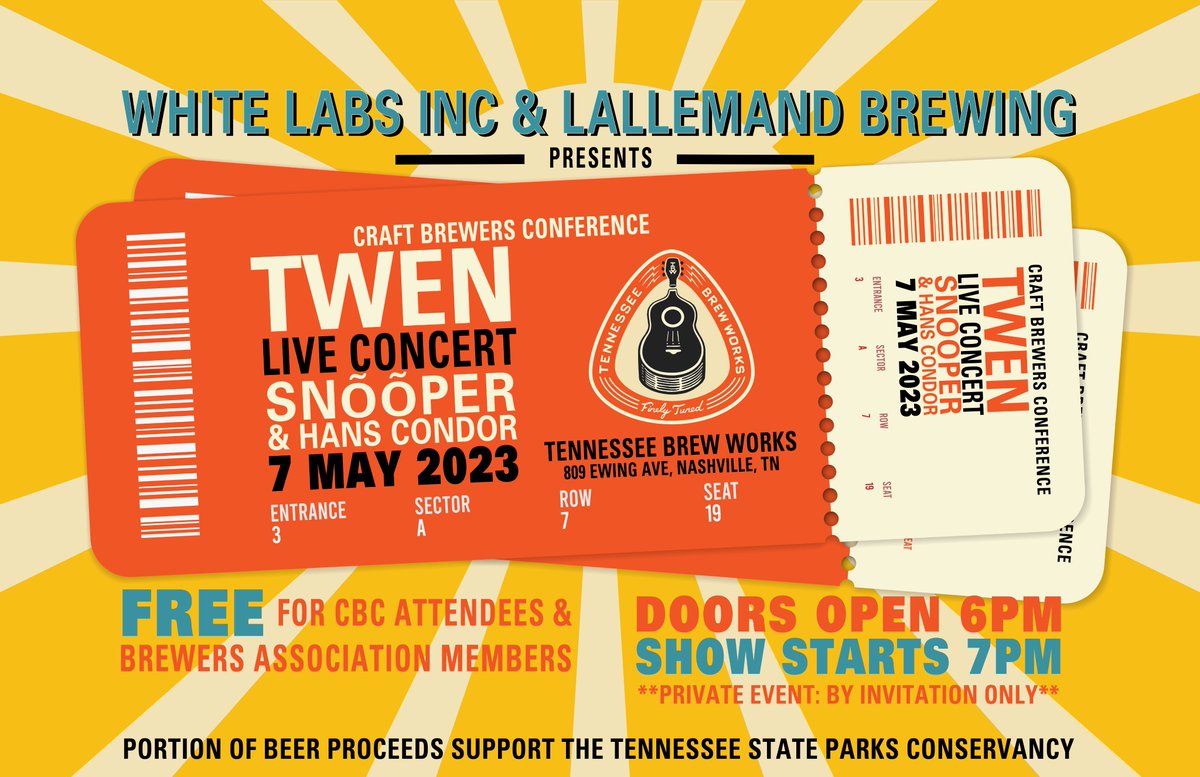 Welcome to #Nashville <a href="/BrewersAssoc/">Brewers Association</a> / #CraftBrewersCon! We're looking forward to our event with <a href="/whitelabs/">White Labs</a> &amp; <a href="/LallemandBrew/">Lallemand Brewing</a> this Sunday! This concert is going to be epic! <a href="/HansCondor/">Hans Condor</a> <a href="/TWEN_band/">twen</a> #Snooper