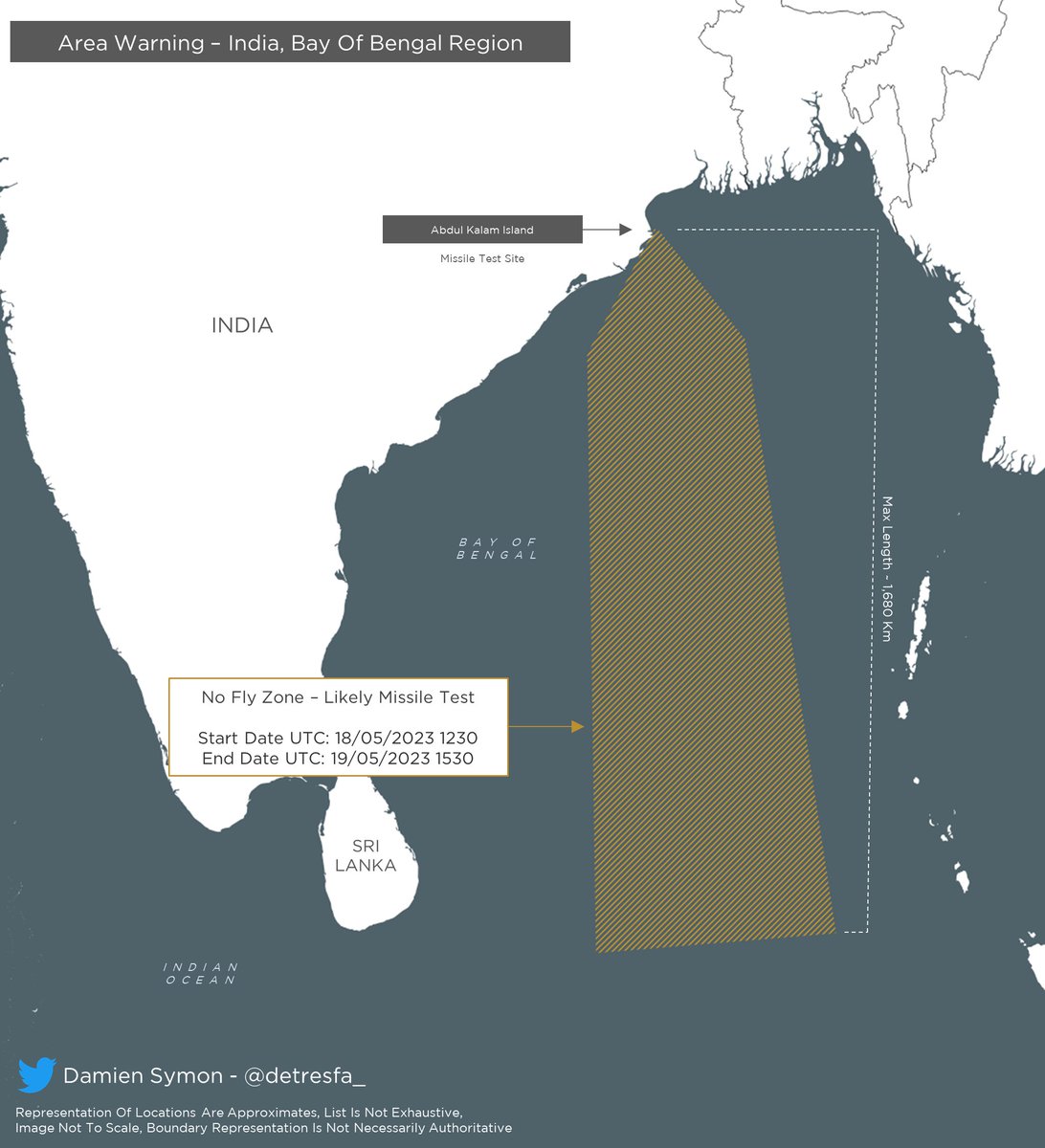 #AreaWarning 
#India
الهند تصدر إشعارًا لمنطقة حظر طيران فوق خليج البنغال مما يدل على احتمال اختبار صاروخ

 التواريخ |  18-19 مايو 2023