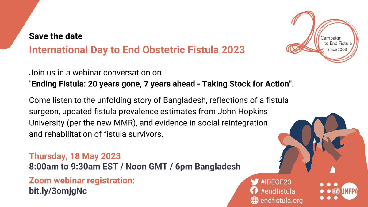 You are invited to join a webinar hosted by @UNFPA  and Decade of Action on International Day to End Obstetric Fistula on 18th May at 8am EST/6pm GMT. Register here for the webinar bit.ly/3LTcYh8
#WhatGirlsWant #WhatWomenWant #FeministFuturesHIV @endfistula #IDEOF23